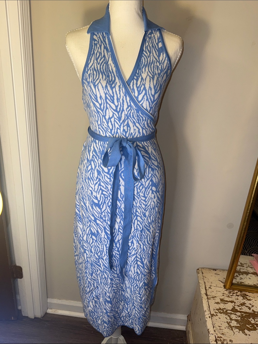 Diane Von Furstenberg Light Blue and White Halter Wrap Midi Dress